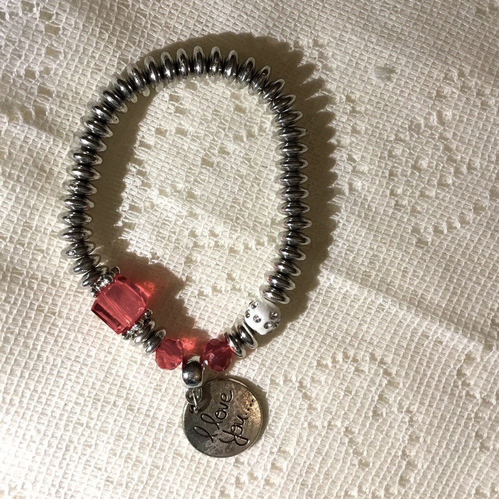 “I Love You” Bracelet with Silver and Red Beads on Elastic Cord